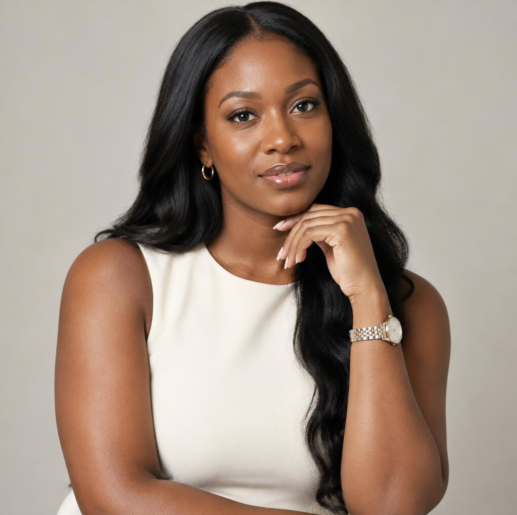 Black British woman with long dark hair, camera instructor portrait